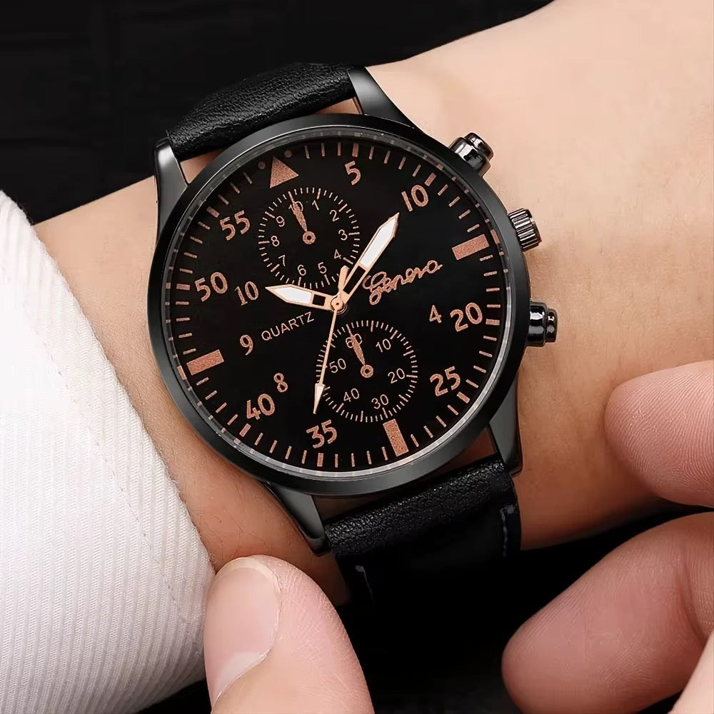 Montre Geneva Quartz Noire KACL au poignet aiguilles dorées rosées