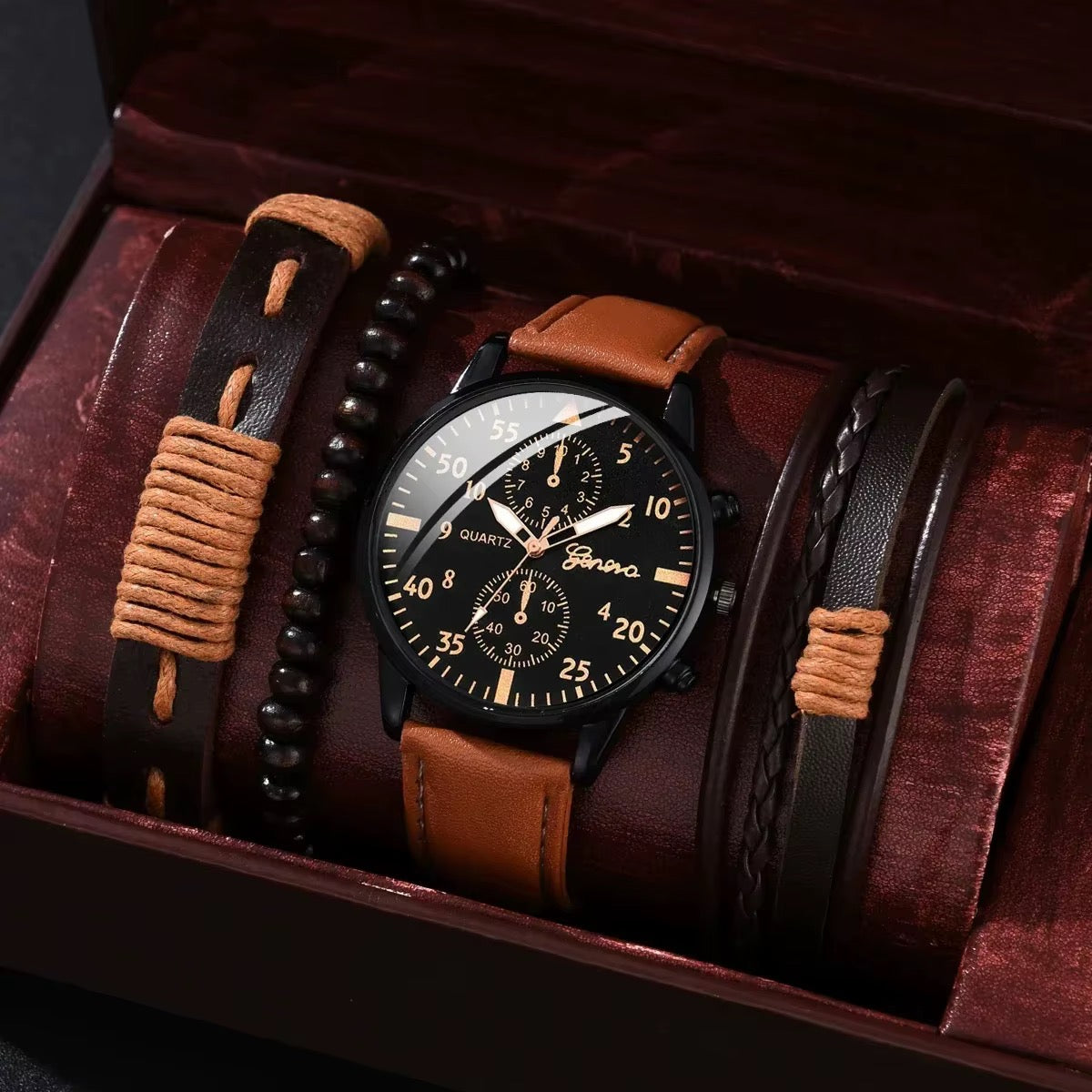 Coffret Cadeau Homme – Montre Geneva Quartz Cuir Camel + 3 Bracelets Artisanaux | KACL